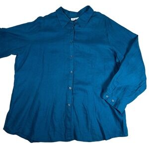 Avenue 100% Linen Button Down Shirt Teal Blue Plus Size 22/24 Roll Tab Sleeve